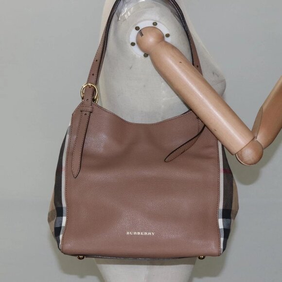 BURBERRY Nova Check Shoulder Bag Canvas Leather Beige Gold Auth - Picture 1 of 16
